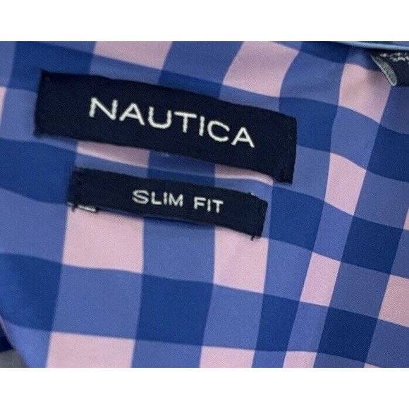 NWT NAUTICA Men's Performance Golf Blue Pink Check Sz Med Button Up Shirt - Picture 4 of 7